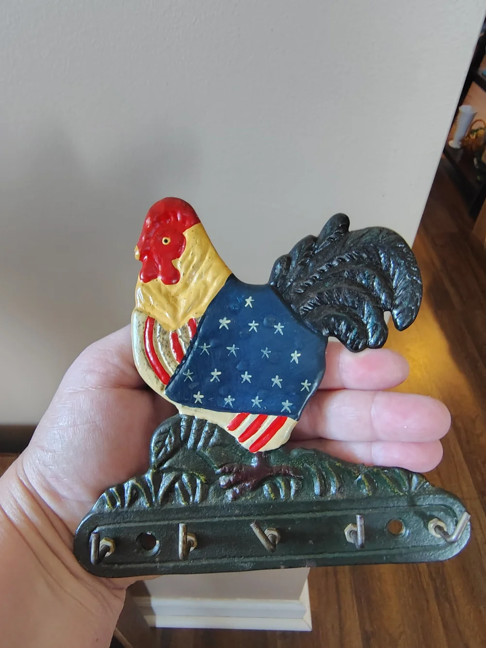 Patriotic Rooster Wall Hook - Red, Blue, Gold, Vintage